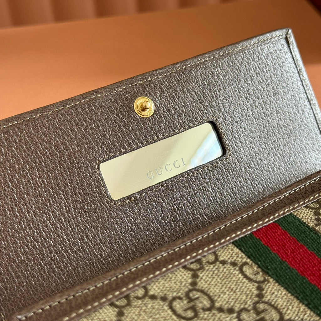 OPHIDIA WALLET ON CHAIN 19 IN BEIGE AND DARK BROWN COATED FABRIC AND BROWN CALFSKIN TRIM