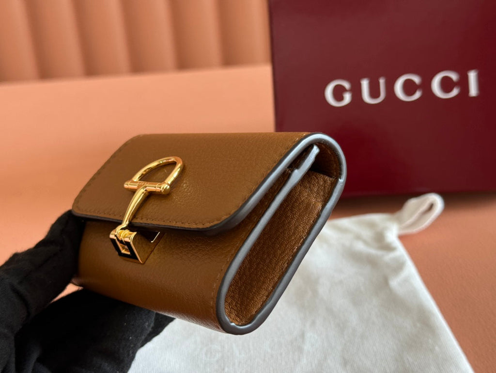 SOFTBIT CARD CASE 10.5 IN BROWN GRAINY CALFSKIN GOLD HARDWARE