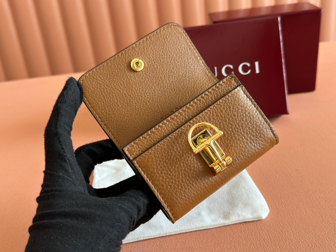 SOFTBIT CARD CASE 10.5 IN BROWN GRAINY CALFSKIN GOLD HARDWARE