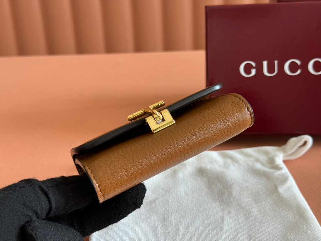 SOFTBIT CARD CASE 10.5 IN BROWN GRAINY CALFSKIN GOLD HARDWARE