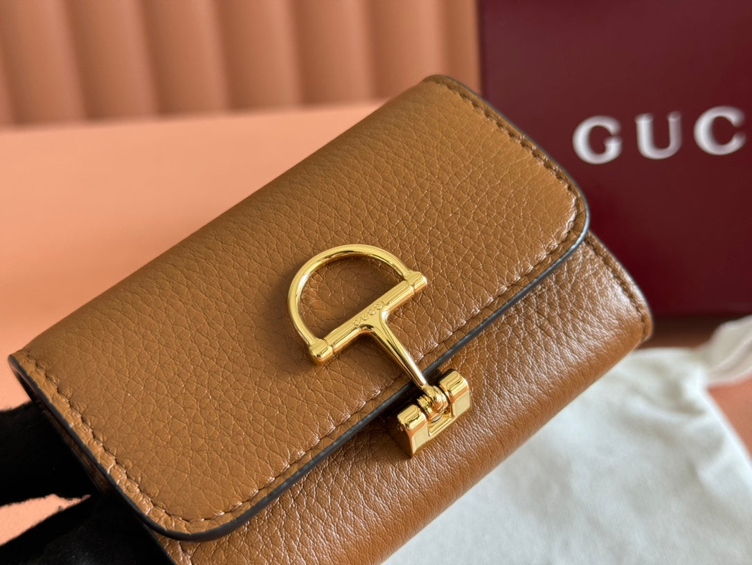 SOFTBIT CARD CASE 10.5 IN BROWN GRAINY CALFSKIN GOLD HARDWARE