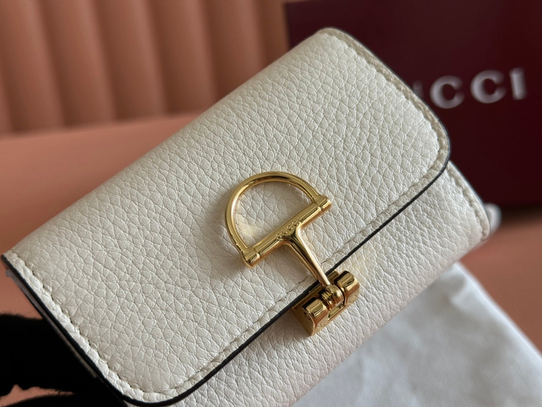 SOFTBIT CARD CASE 10.5 IN WHITE GRAINY CALFSKIN GOLD HARDWARE