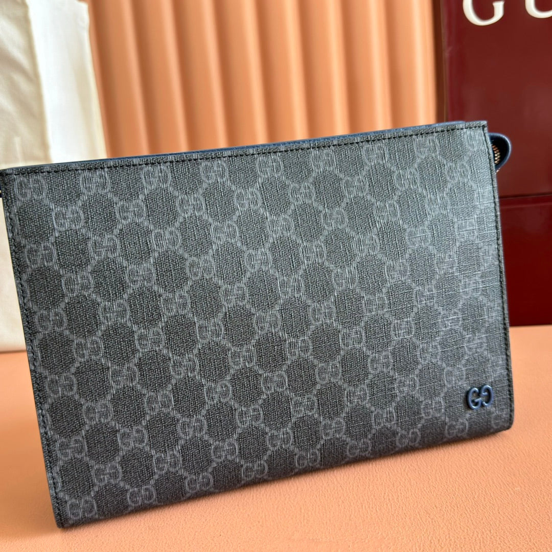 OPHIDIA POUCH 26 IN DARK GREY MONOGRAM CANVAS AND NAVY BLUE CALFSKIN TRIM