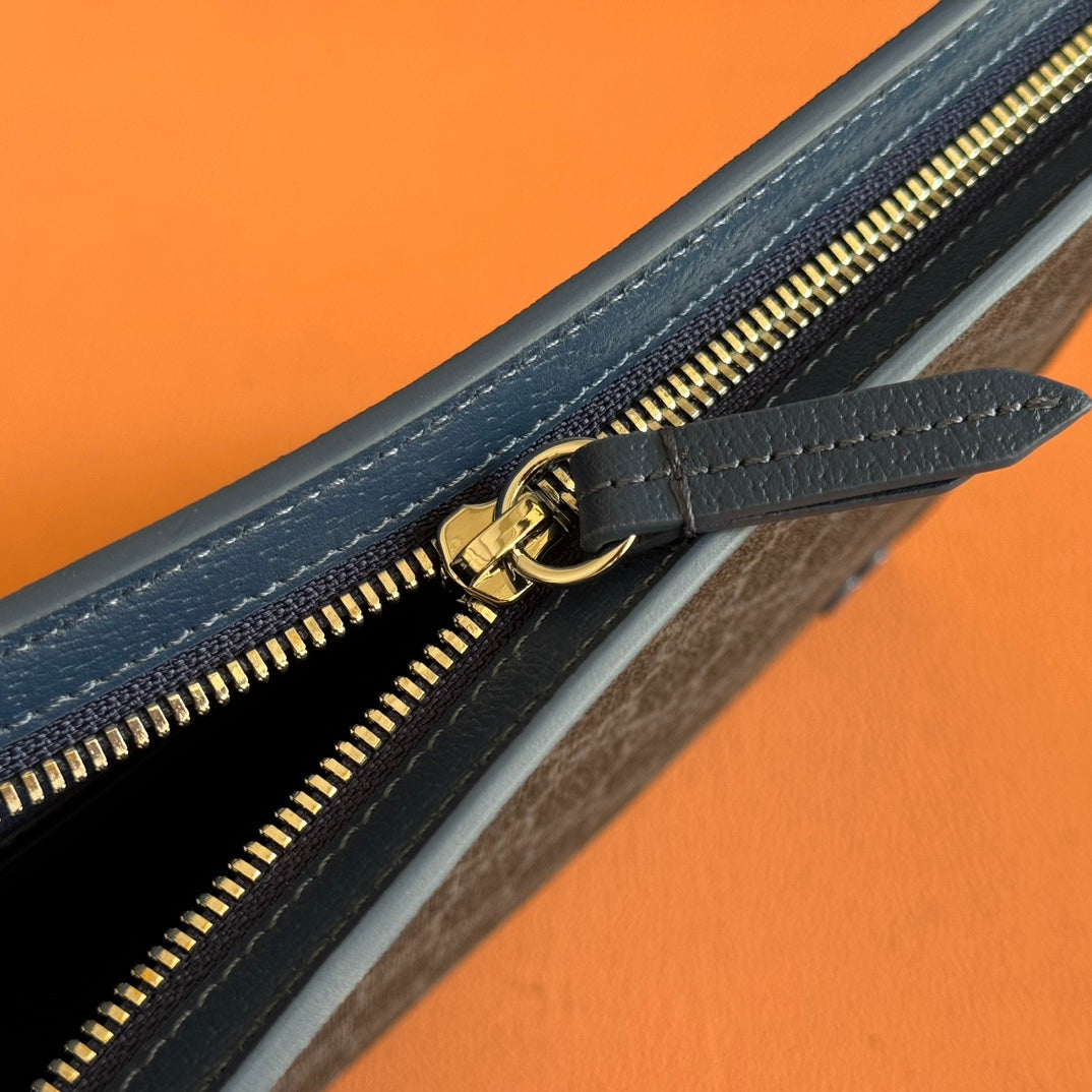 OPHIDIA POUCH 26 IN DARK GREY MONOGRAM CANVAS AND NAVY BLUE CALFSKIN TRIM