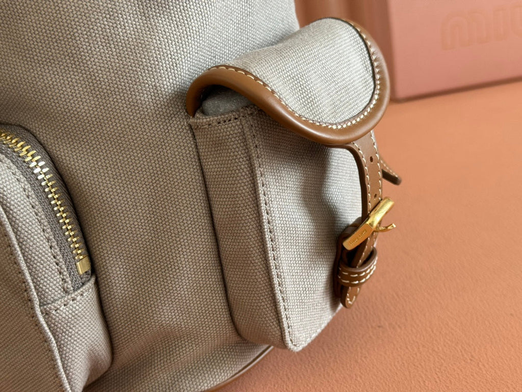 MEDIUM BACKPACK 29.5 IN GREY CANVAS BROWN CALFSKIN