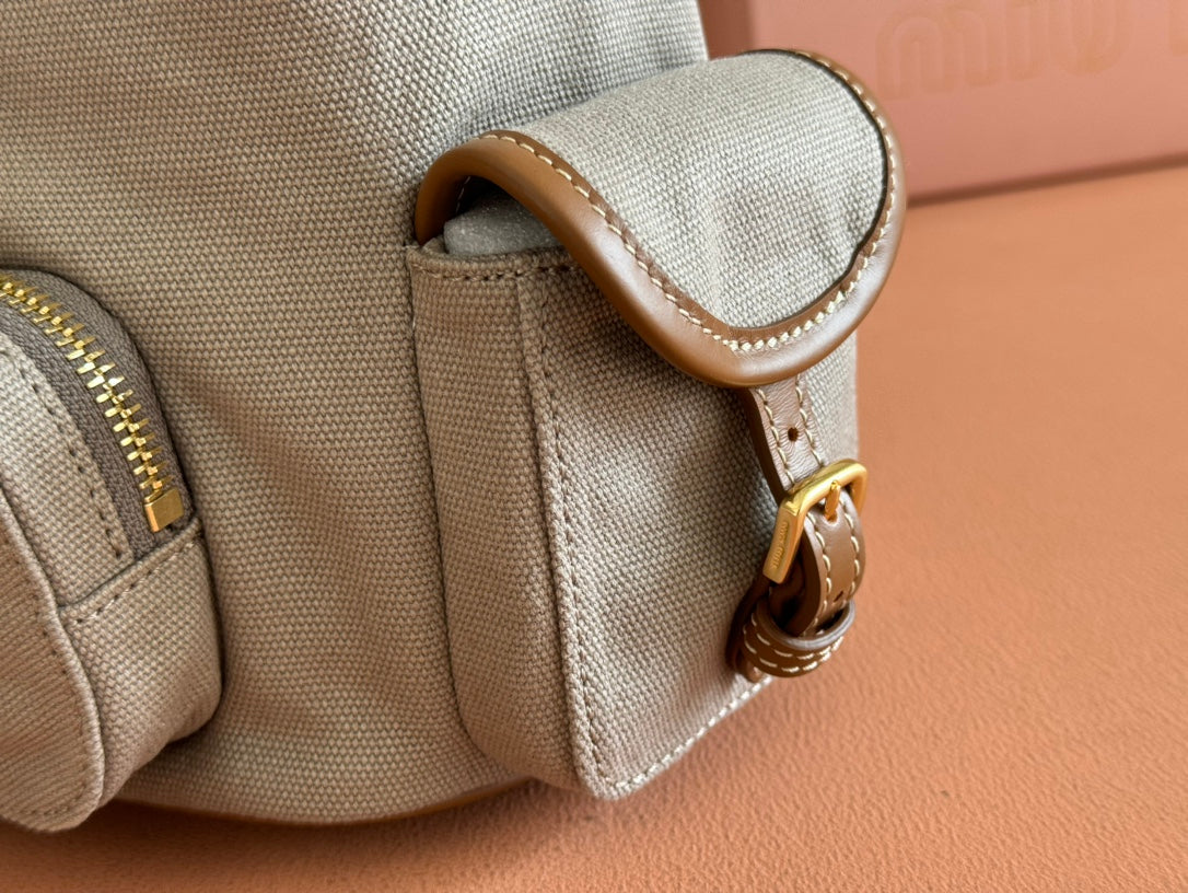 BACKPACK 22 IN GREY CANVAS BROWN CALFSKIN