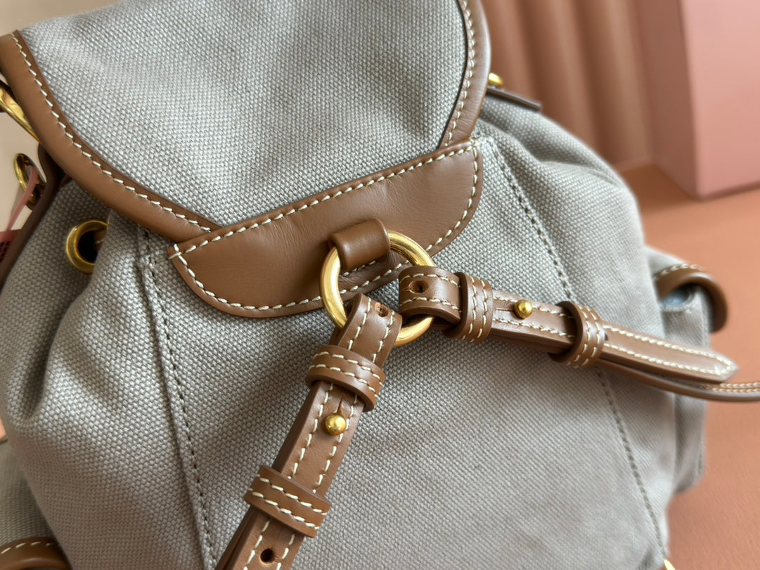 BACKPACK 22 IN GREY CANVAS BROWN CALFSKIN