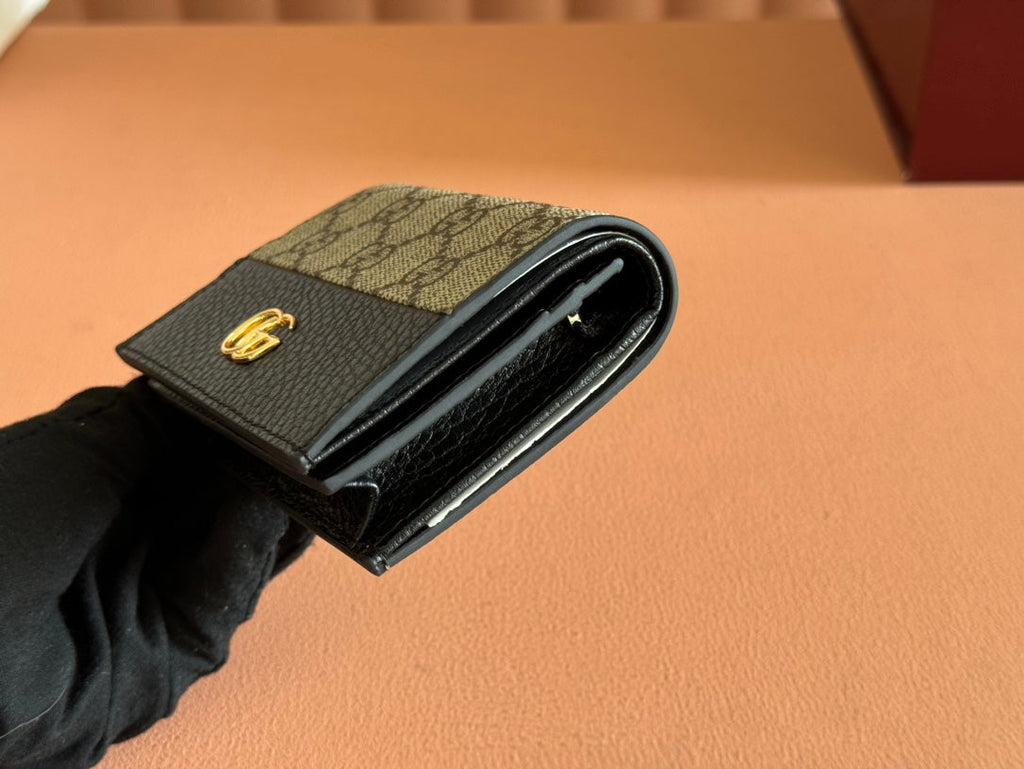 MARMONT BI-COLOUR CARD CASE WALLET 11 IN BEIGE EBONY GG CANVAS BLACK CALFSKIN