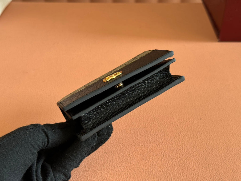 MARMONT BI-COLOUR CARD CASE WALLET 11 IN BEIGE EBONY GG CANVAS BLACK CALFSKIN