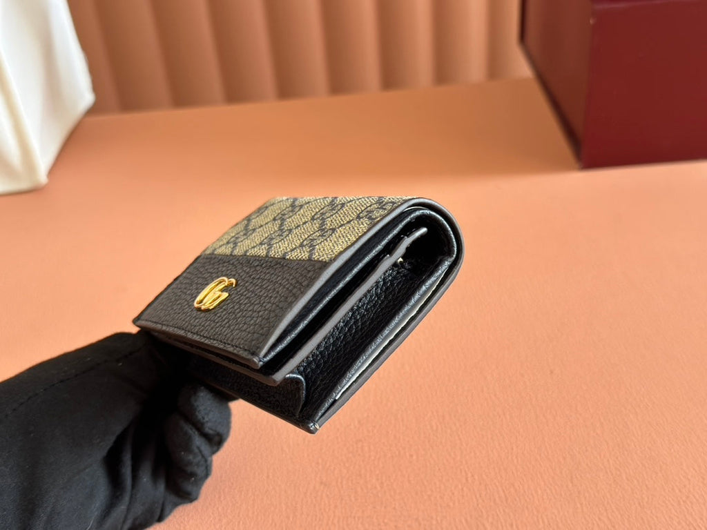 MARMONT BI-COLOUR CARD CASE WALLET 11 IN BLUE BEIGE EBONY GG CANVAS BLACK CALFSKIN