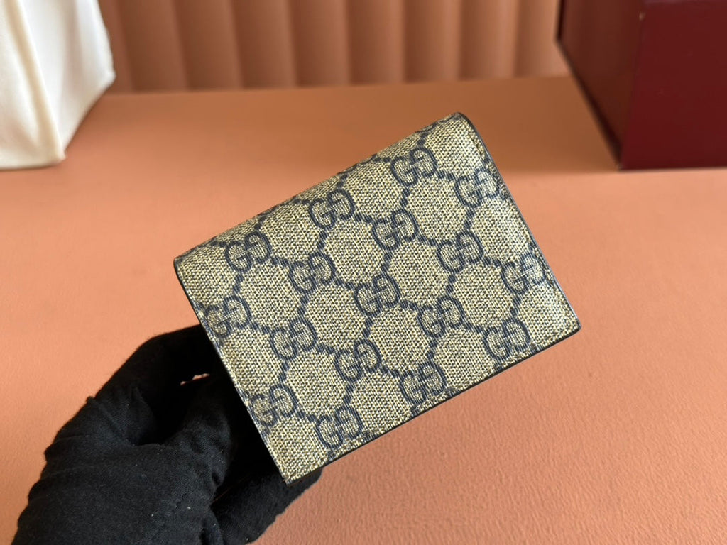 MARMONT BI-COLOUR CARD CASE WALLET 11 IN BLUE BEIGE EBONY GG CANVAS BLACK CALFSKIN