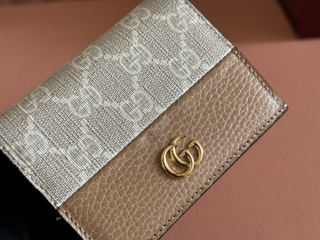 MARMONT BI-COLOUR CARD CASE WALLET 11 IN BEIGE EBONY GG CANVAS BROWN CALFSKIN