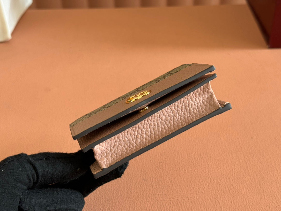 MARMONT BI-COLOUR CARD CASE WALLET 11 IN BEIGE EBONY GG CANVAS PINK CALFSKIN