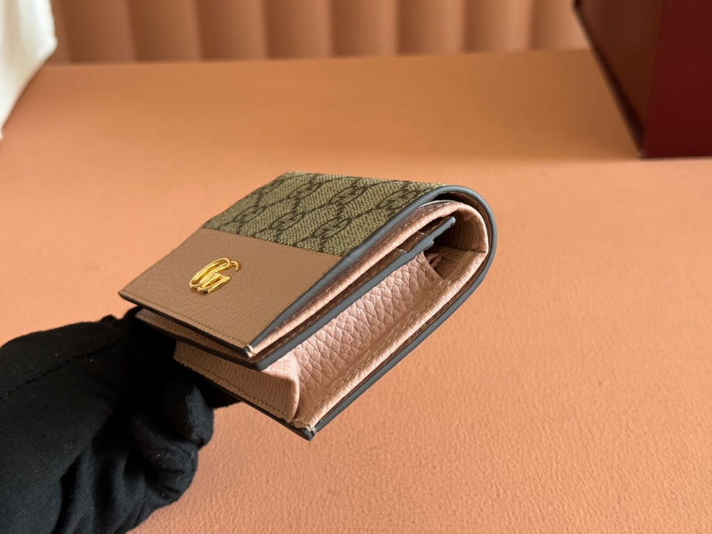 MARMONT BI-COLOUR CARD CASE WALLET 11 IN BEIGE EBONY GG CANVAS PINK CALFSKIN