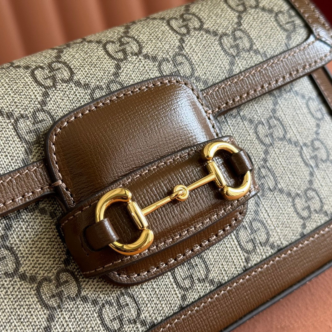 HORSEBIT 1955 SMALL 21.5 IN BEIGE EBONY GG SUPREME BROWN CALFSKIN GOLD HARDWARE