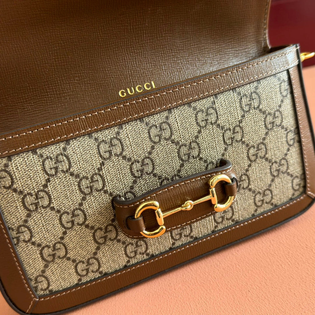 HORSEBIT 1955 SMALL 21.5 IN BEIGE EBONY GG SUPREME BROWN CALFSKIN GOLD HARDWARE