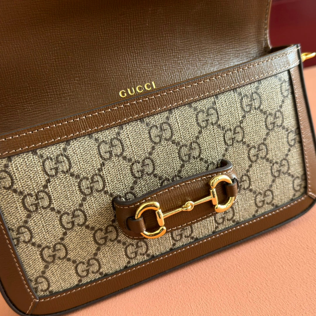 HORSEBIT 1955 SMALL 21.5 IN BEIGE EBONY GG SUPREME BROWN CALFSKIN GOLD HARDWARE