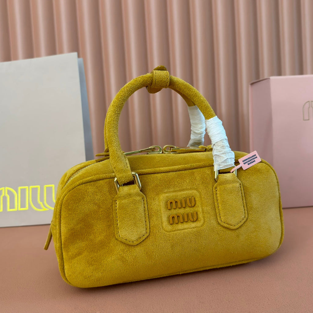 ARCADIE BAG 22 IN MUSTARD YELLOW SUEDE GOLD HARDWARE
