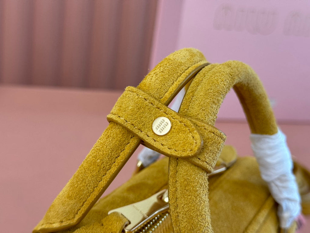 ARCADIE BAG 22 IN MUSTARD YELLOW SUEDE GOLD HARDWARE
