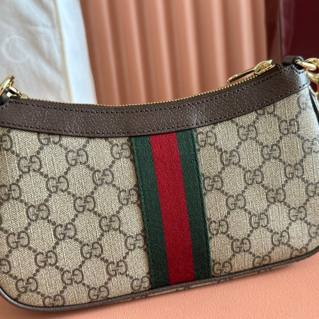 OPHIDIA SMALL SHOULDER BAG 26 IN BEIGE AND DARK BROWN CANVAS