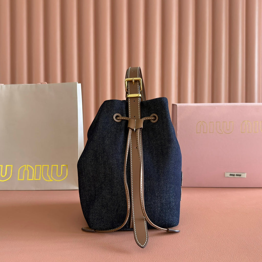 BUCKET BAG 22 DENIM BLUE AND BRANDY IN CANVAS