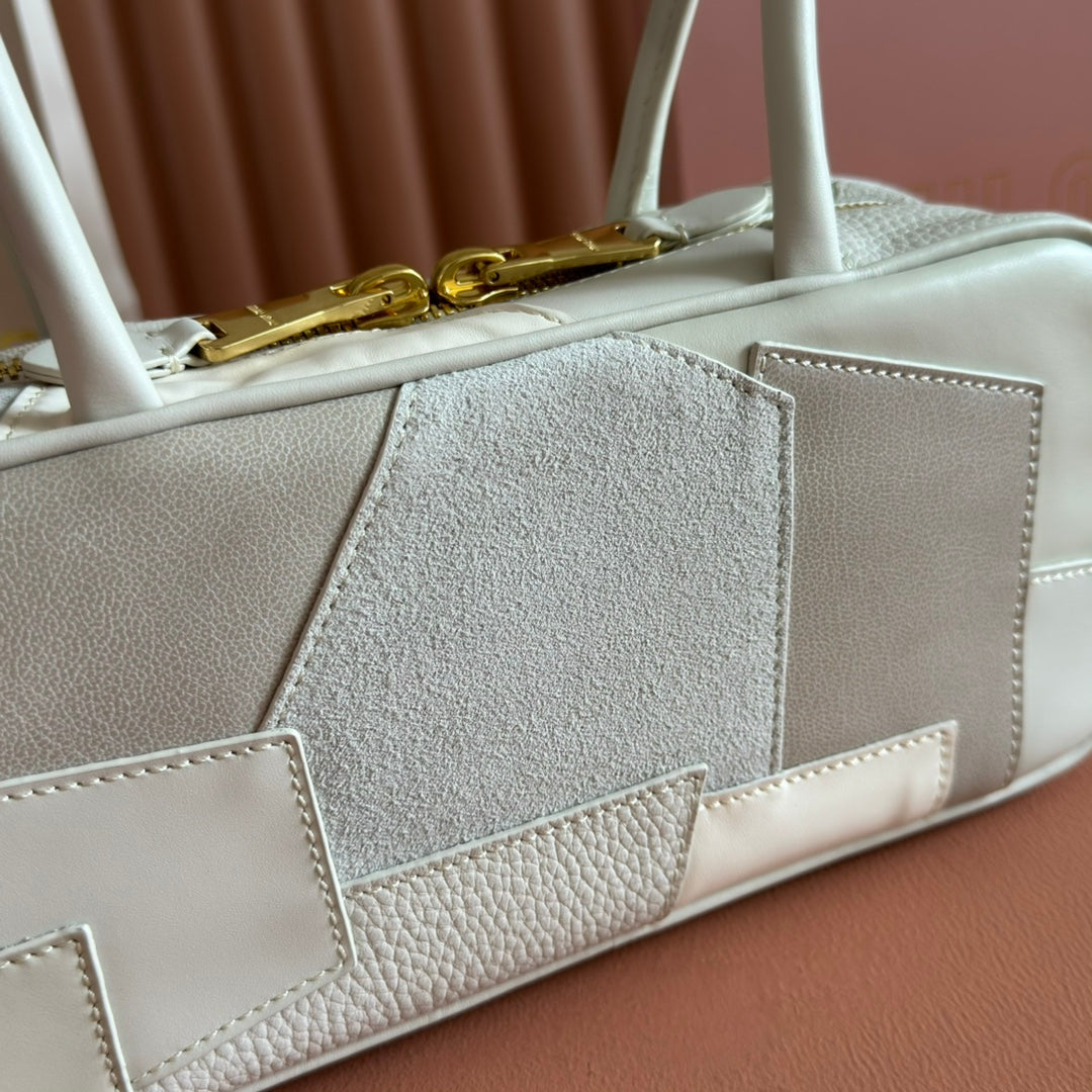 BEAU TOP HANDLE BAG 28 IN CHALK WHITE LEATHER PATCHWORK