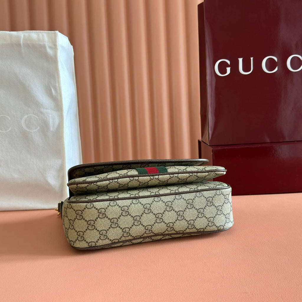 GUCCI 25S OPHIDIA SMALL SHOULDER BAG 24 CM IN BEIGE AND BROWN CALFSKIN