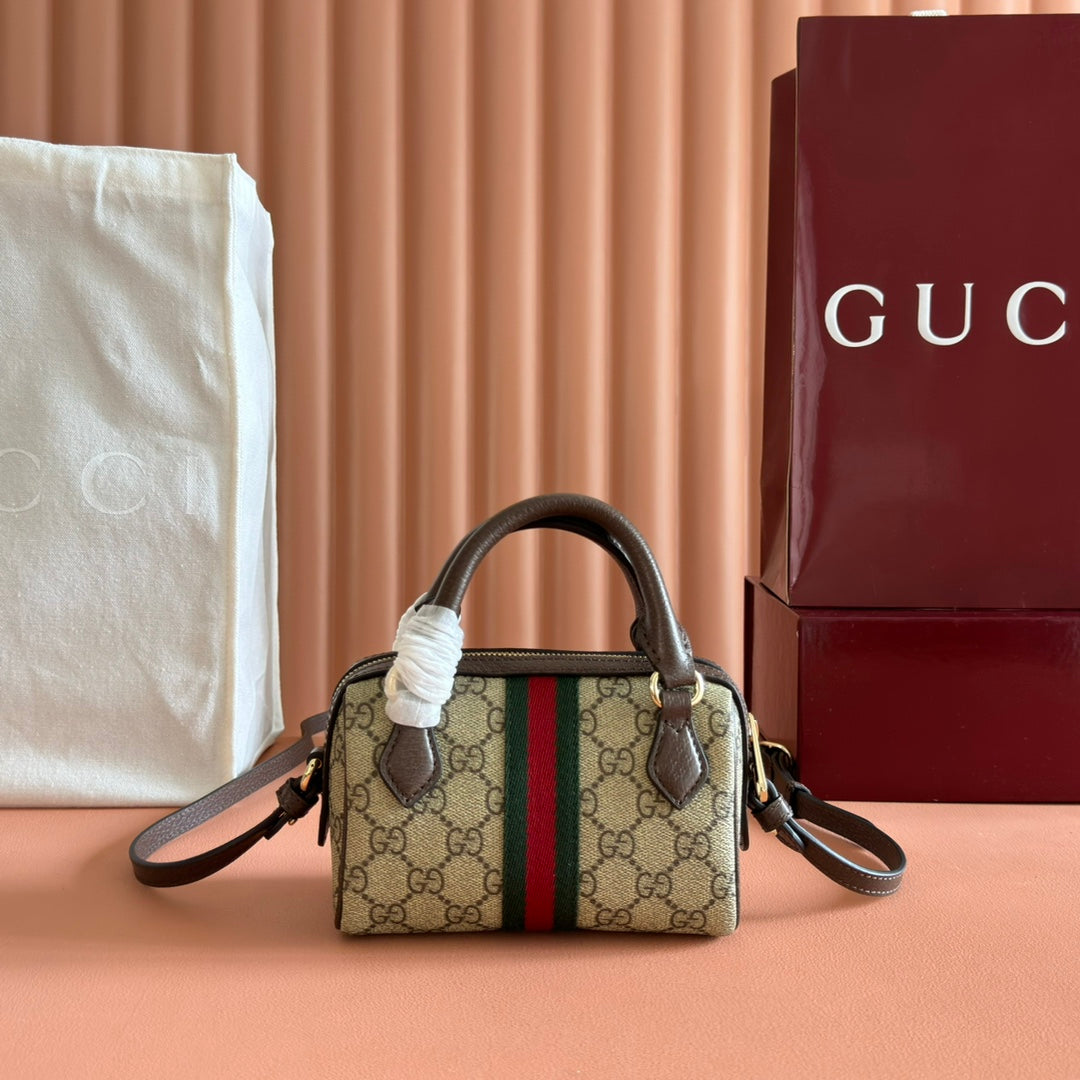 GUCCI 25S OPHIDIA MINI BOSTON BAG 16 IN BEIGE CANVAS AND BROWN CALFSKIN