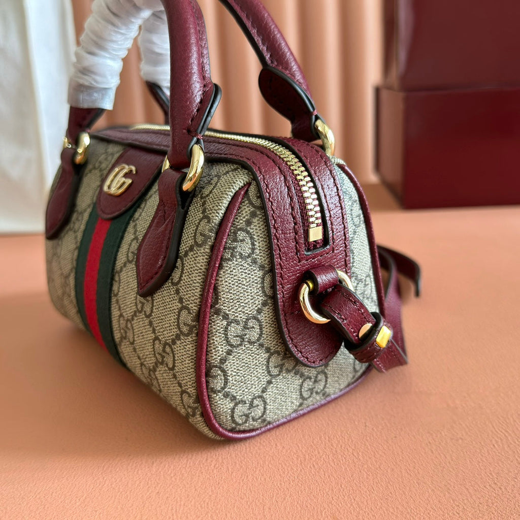 GUCCI 25S OPHIDIA MINI BOSTON BAG 16 IN BEIGE CANVAS AND ROSSO ANCORA CALFSKIN