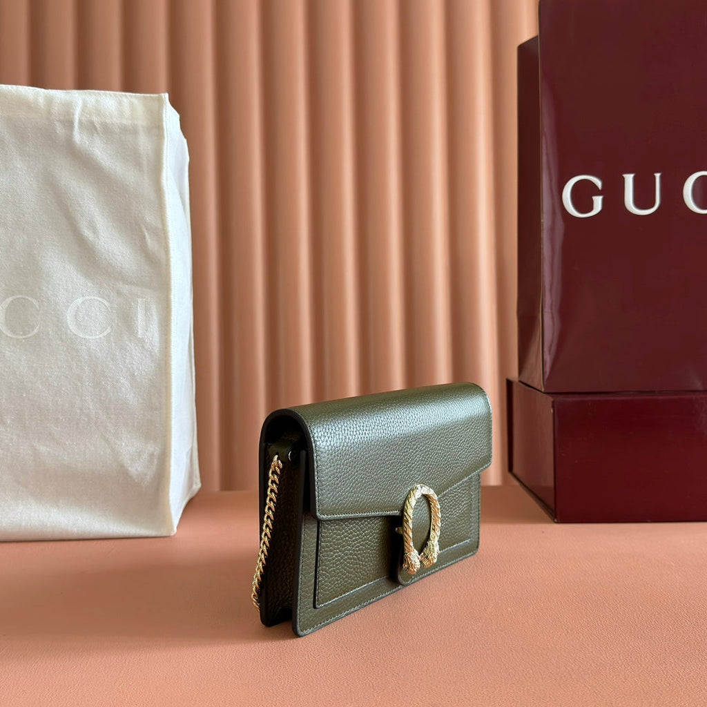 GUCCI 25S DIONYSUS WALLET ON CHAIN 20 IN DARK OLIVE GREEN CALFSKIN