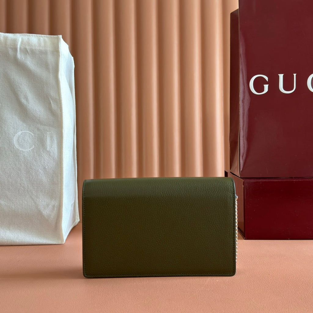 GUCCI 25S DIONYSUS WALLET ON CHAIN 20 IN DARK OLIVE GREEN CALFSKIN