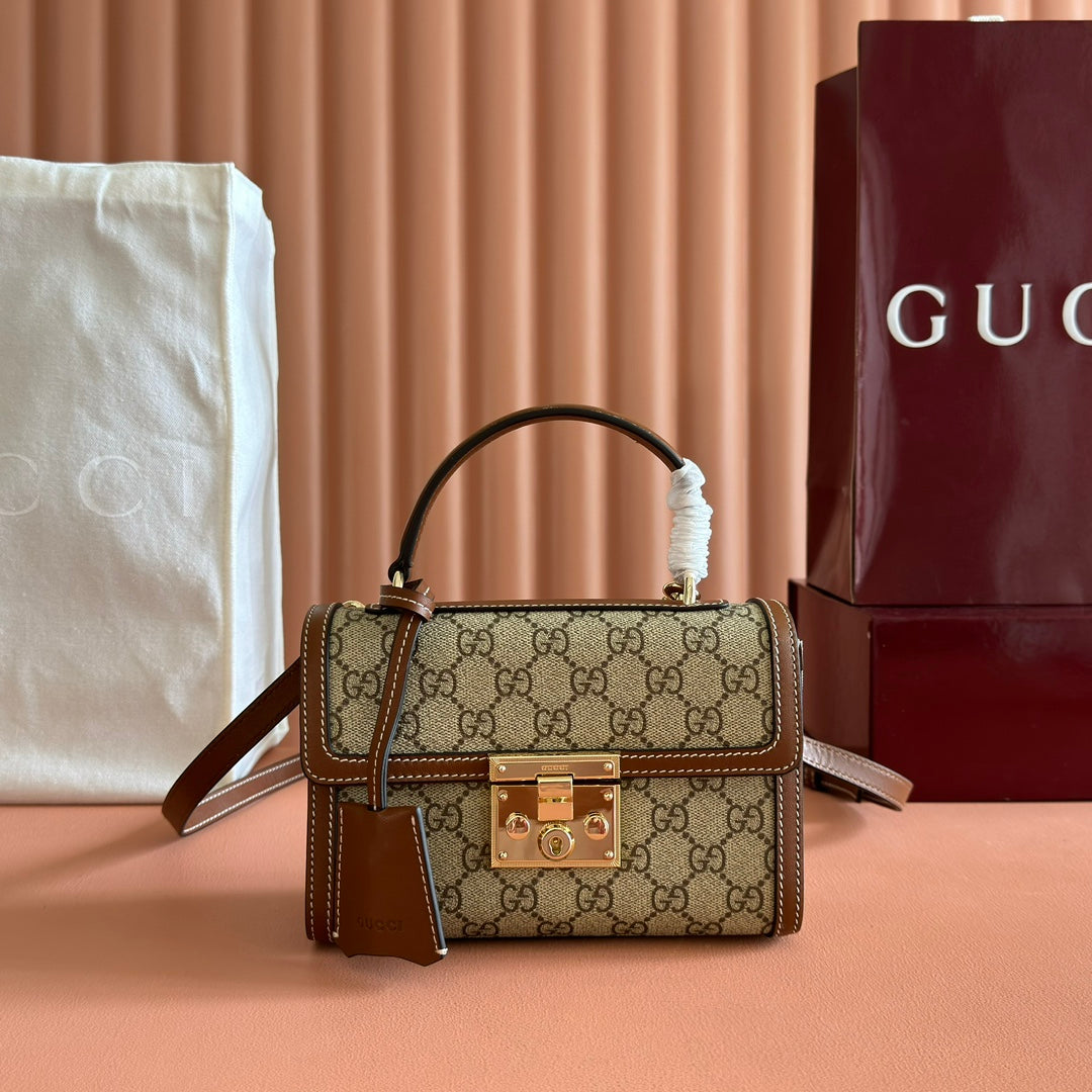 GUCCI 25S PADLOCK BAG 20 IN BEIGE CANVAS AND BROWN CALFSKIN
