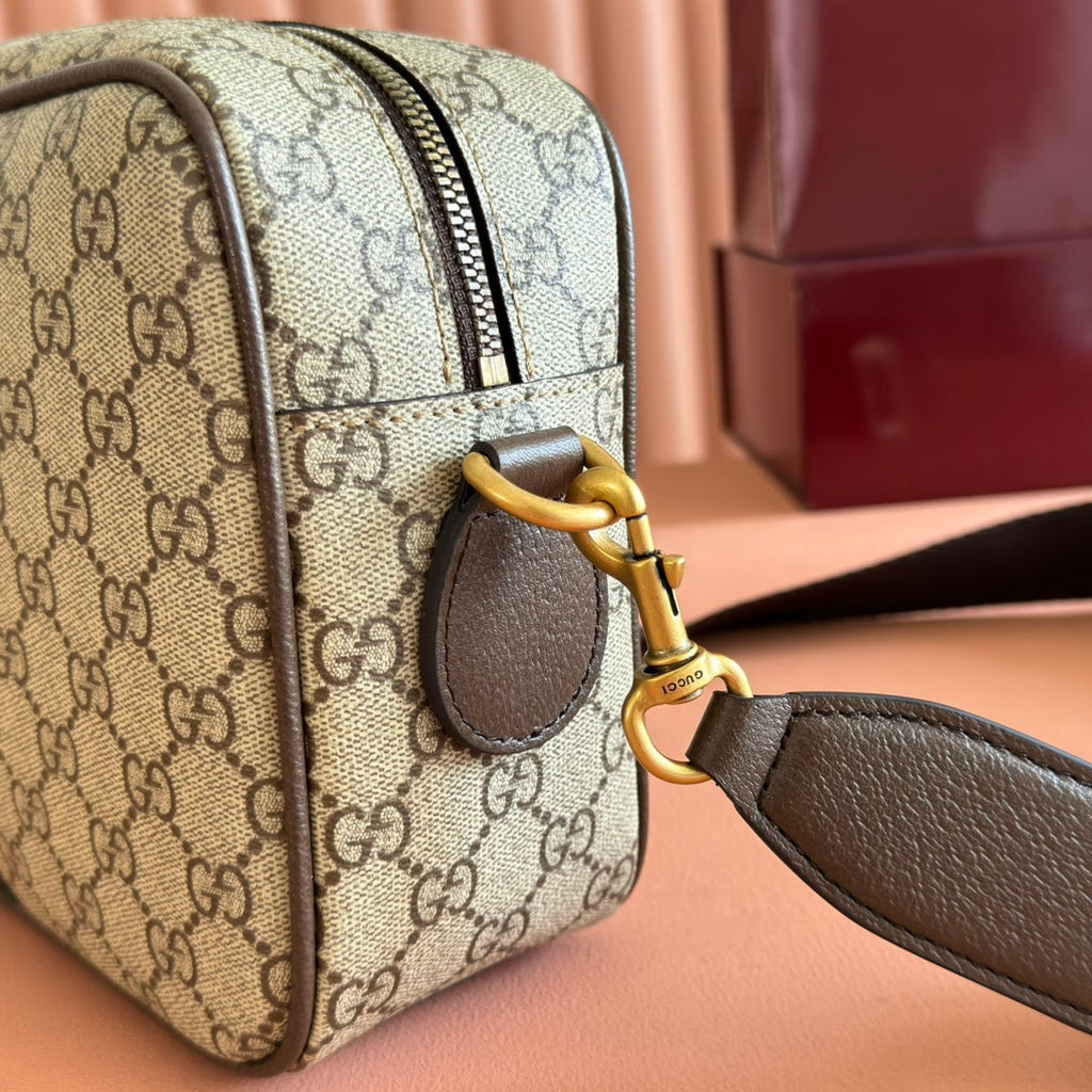 GUCCI 25S OPHIDIA CROSSBODY BAG 28 IN BEIGE CANVAS AND BROWN CALFSKIN