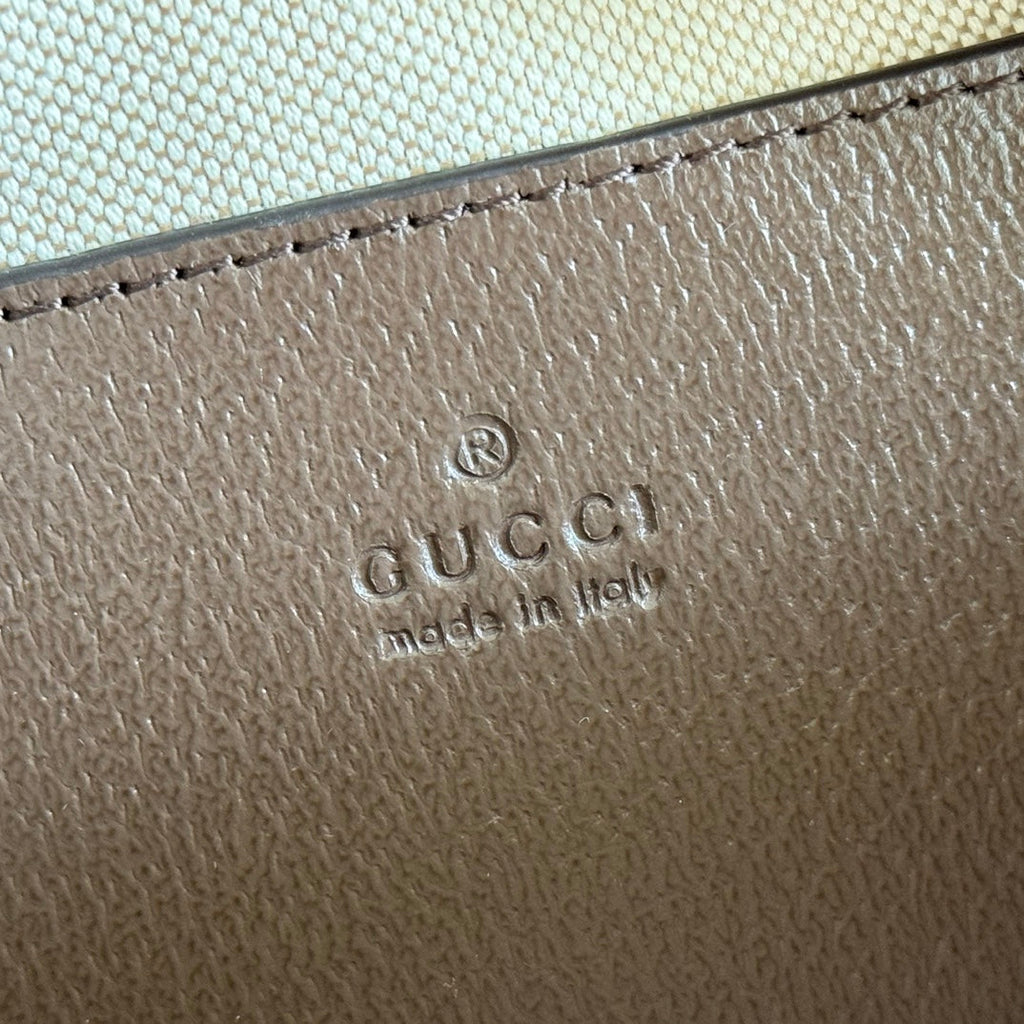 GUCCI 25S DESIGNER HANDBAG 18 IN BEIGE CANVAS AND BROWN CALFSKIN