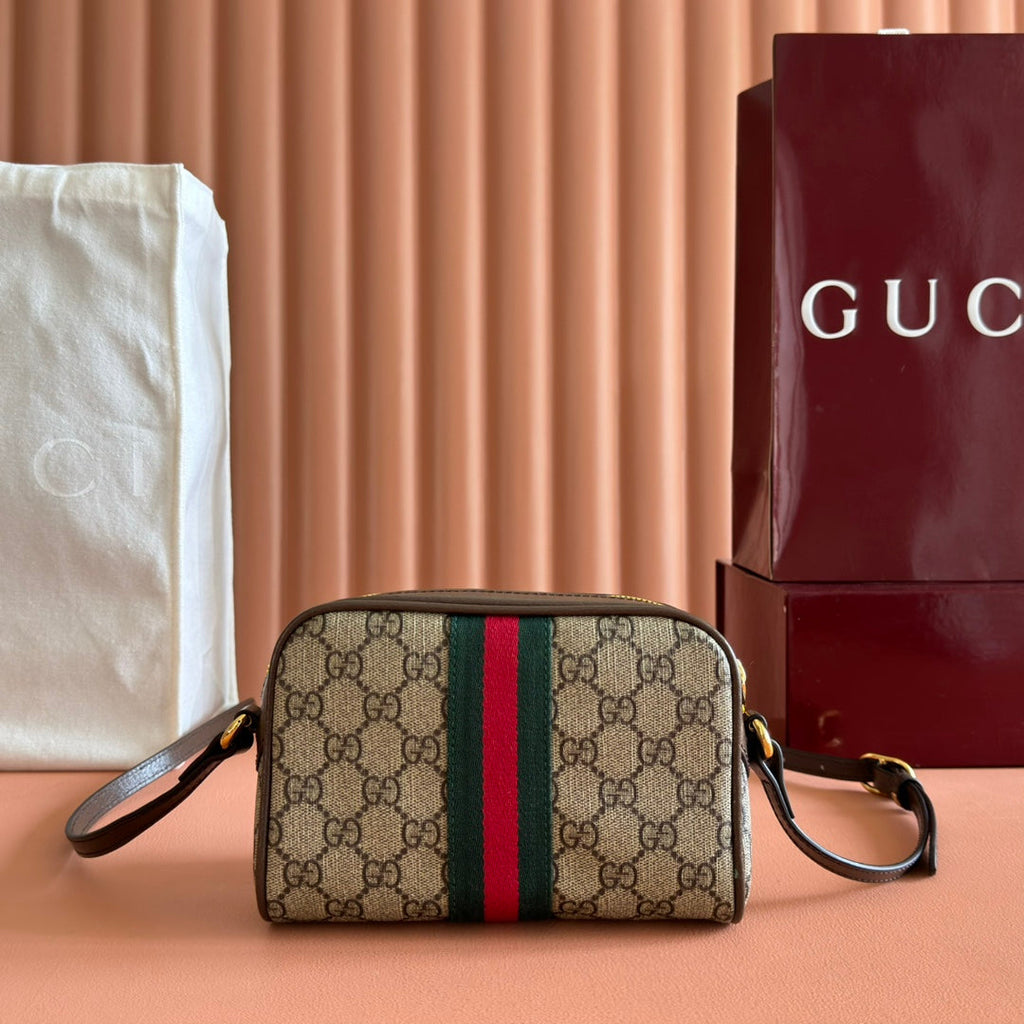 GUCCI 25S DESIGNER HANDBAG 18 IN BEIGE CANVAS AND BROWN CALFSKIN