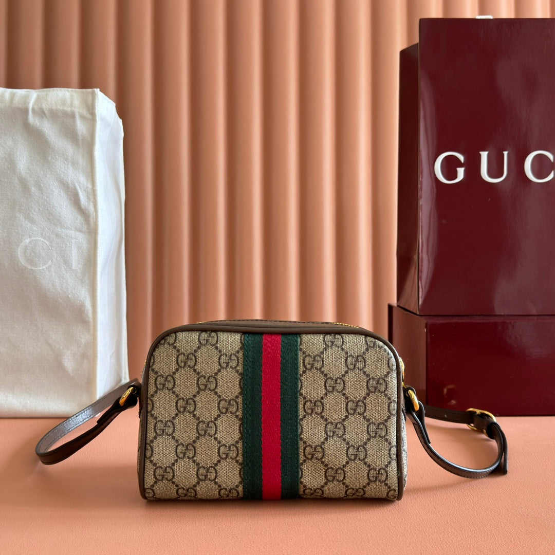 GUCCI 25S DESIGNER HANDBAG 18 IN BEIGE CANVAS AND BROWN CALFSKIN