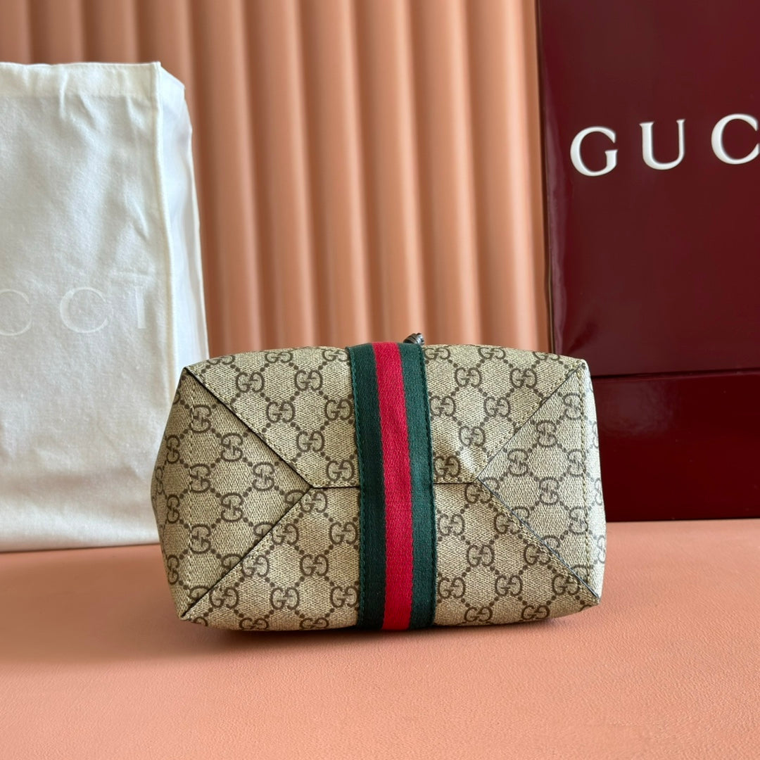 GUCCI 25S OPHIDIA SMALL BUCKET BAG 22 IN BEIGE CANVAS AND BROWN CALFSKIN