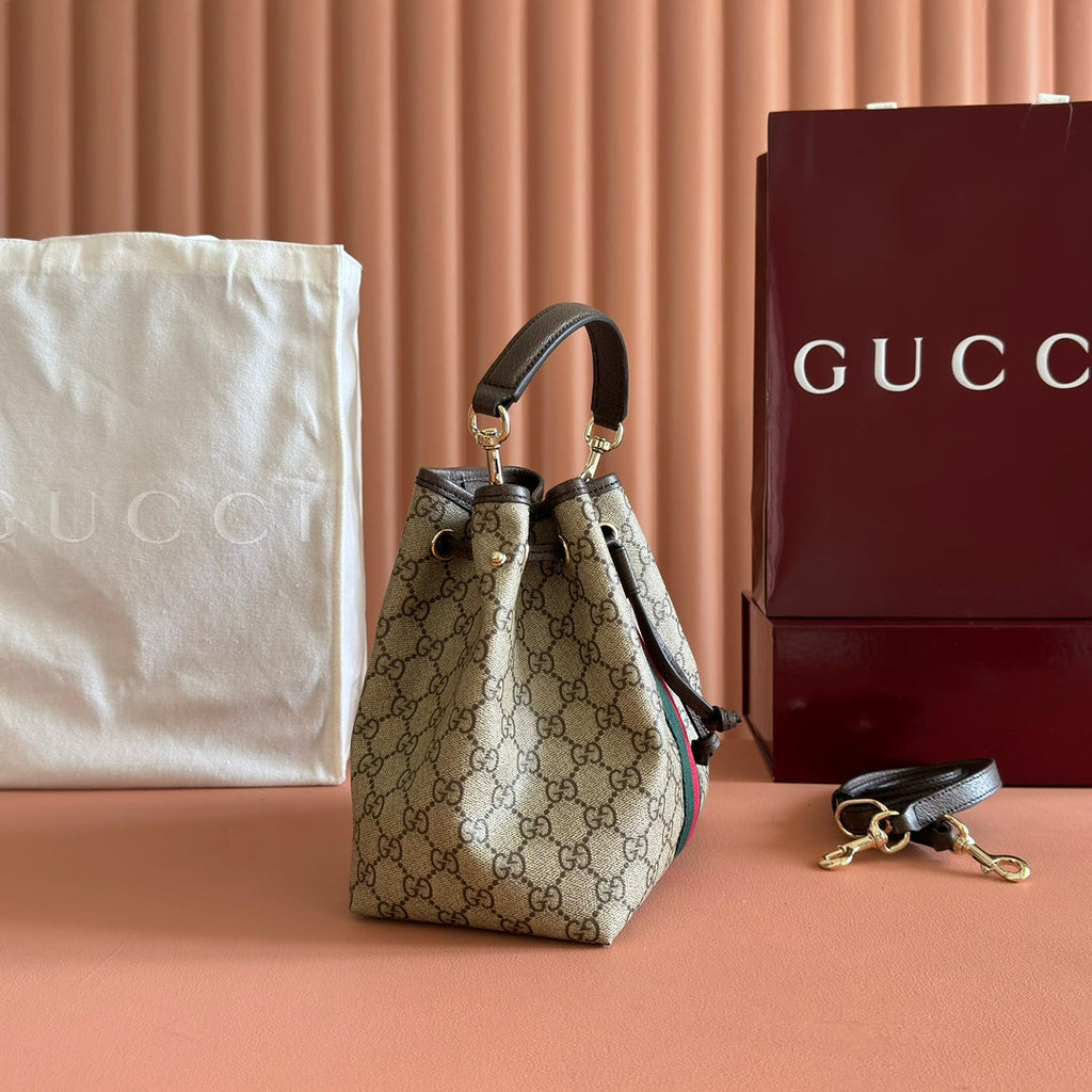 GUCCI 25S OPHIDIA SMALL BUCKET BAG 22 IN BEIGE CANVAS AND BROWN CALFSKIN