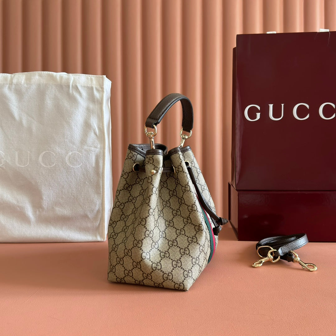 GUCCI 25S OPHIDIA SMALL BUCKET BAG 22 IN BEIGE CANVAS AND BROWN CALFSKIN