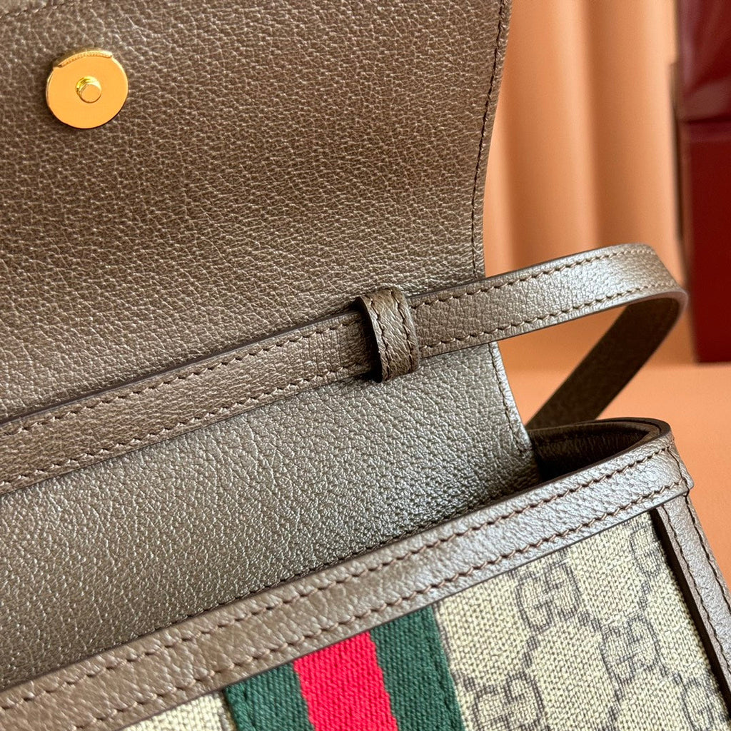 GUCCI 25S OPHIDIA BAG 18 IN BEIGE CANVAS AND BROWN CALFSKIN SILVER HARDWARE