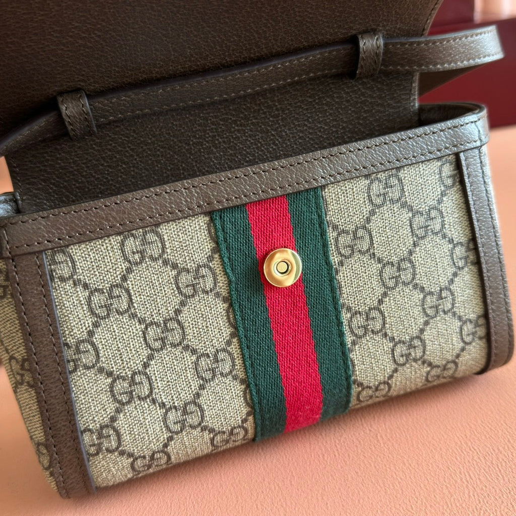 GUCCI 25S OPHIDIA BAG 18 IN BEIGE CANVAS AND BROWN CALFSKIN SILVER HARDWARE