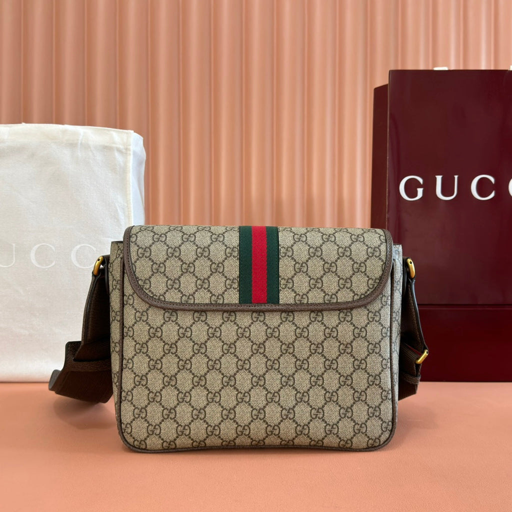 GUCCI 25S OPHIDIA MEDIUM CROSSBODY BAG 28 IN BEIGE CANVAS AND BROWN CALFSKIN