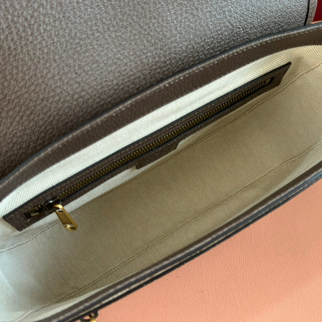 GUCCI 25S OPHIDIA MEDIUM CROSSBODY BAG 28 IN BEIGE CANVAS AND BROWN CALFSKIN