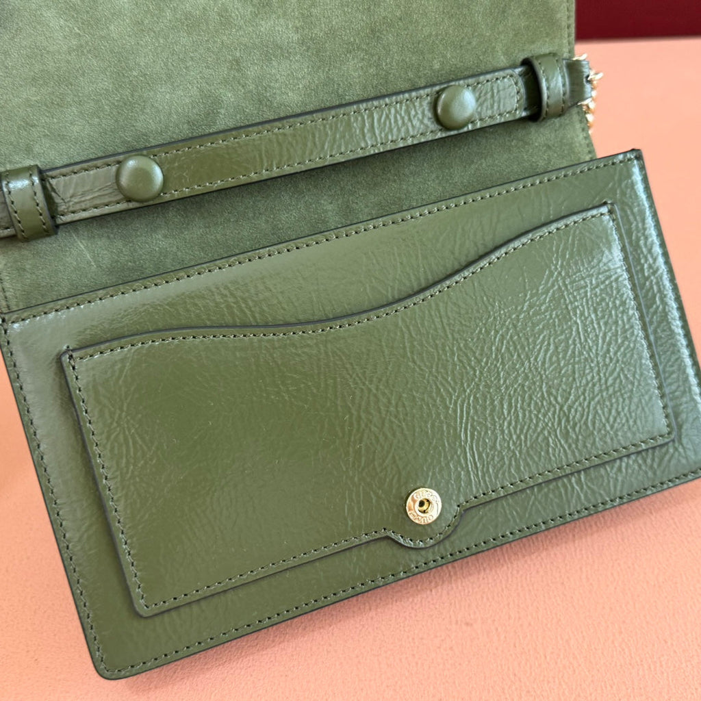 GUCCI 25S DIONYSUS WALLET ON CHAIN 20 IN GREEN GLOSSY CALFSKIN