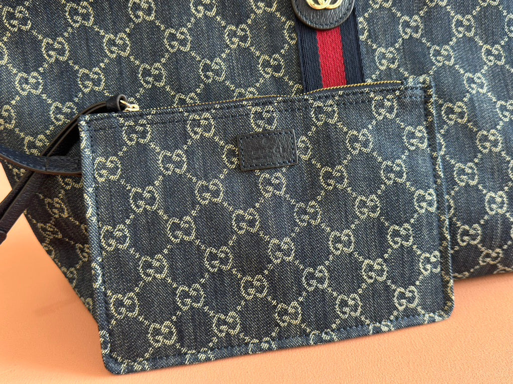 GUCCI 25S GIGLIO LARGE TOTE BAG 50 IN BLUE AND WHITE DENIM