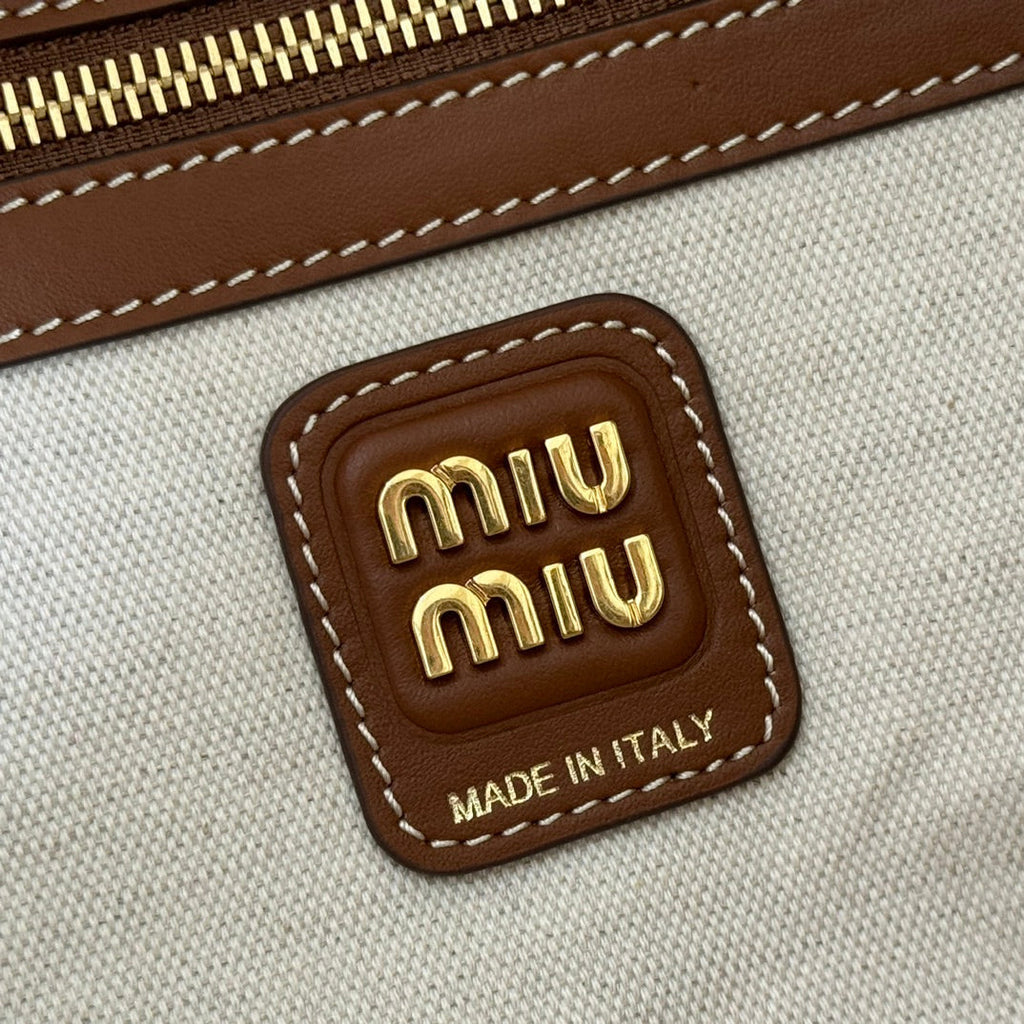 MIUMIU 25S BEAU BAG 34 DARK BLUE AND IVORY IN CANVAS AND CALFSKIN