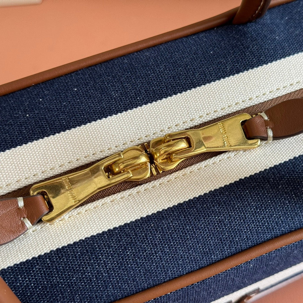 MIUMIU 25S BEAU BAG 34 DARK BLUE AND IVORY IN CANVAS AND CALFSKIN