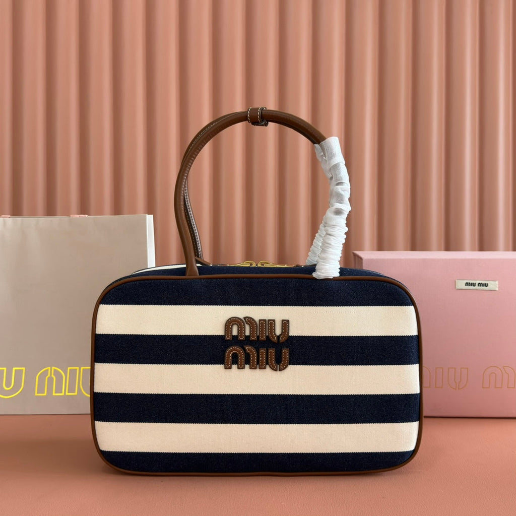 MIUMIU 25S BEAU BAG 34 DARK BLUE AND IVORY IN CANVAS AND CALFSKIN