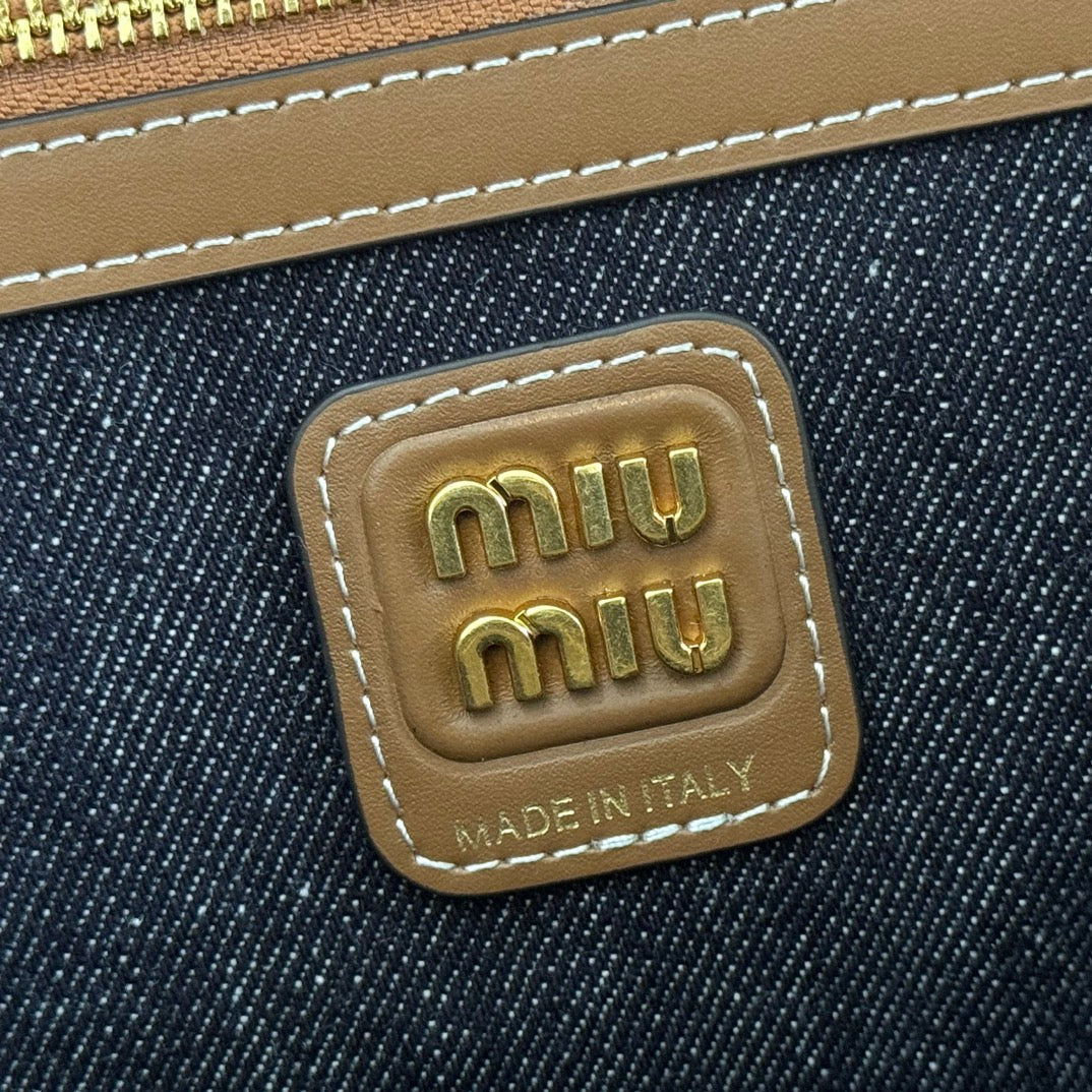MIUMIU 25S BEAU DENIM BAG 34 IN DARK BLUE DENIM AND BROWN CALFSKIN