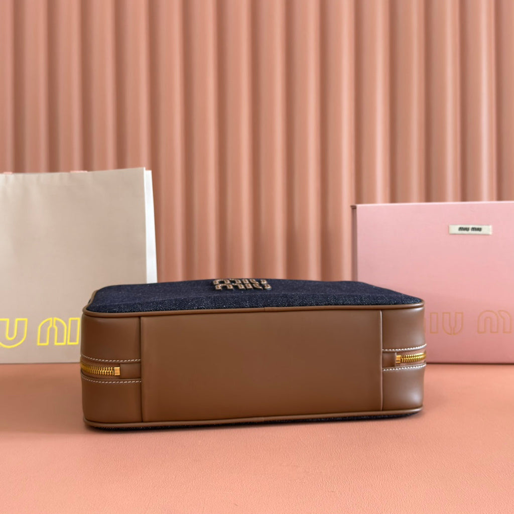 MIUMIU 25S BEAU DENIM BAG 34 IN DARK BLUE DENIM AND BROWN CALFSKIN